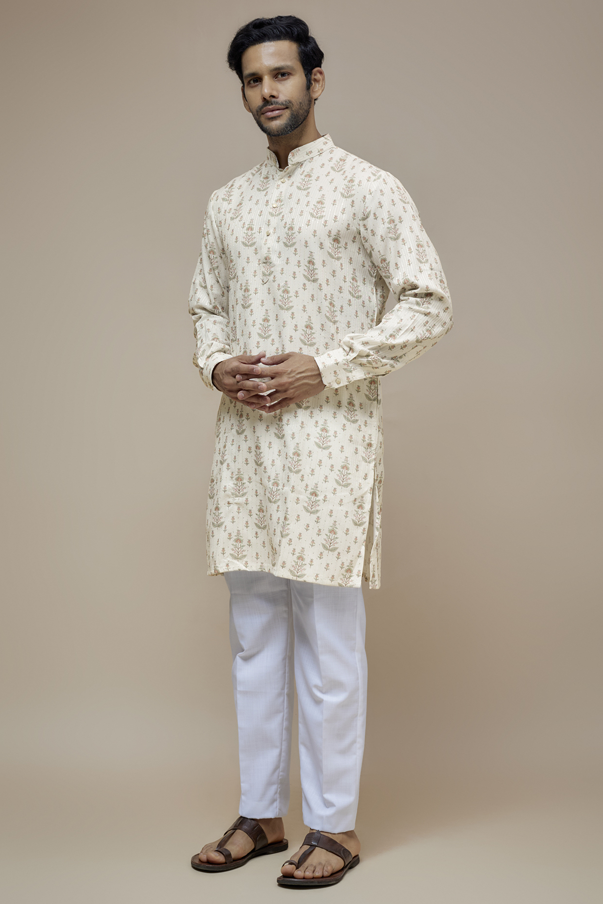 Cream Cotton Motif Printed & Sequins Embroidered Kurta Set by SVEN SUITS at Pernia's Pop Up Shop