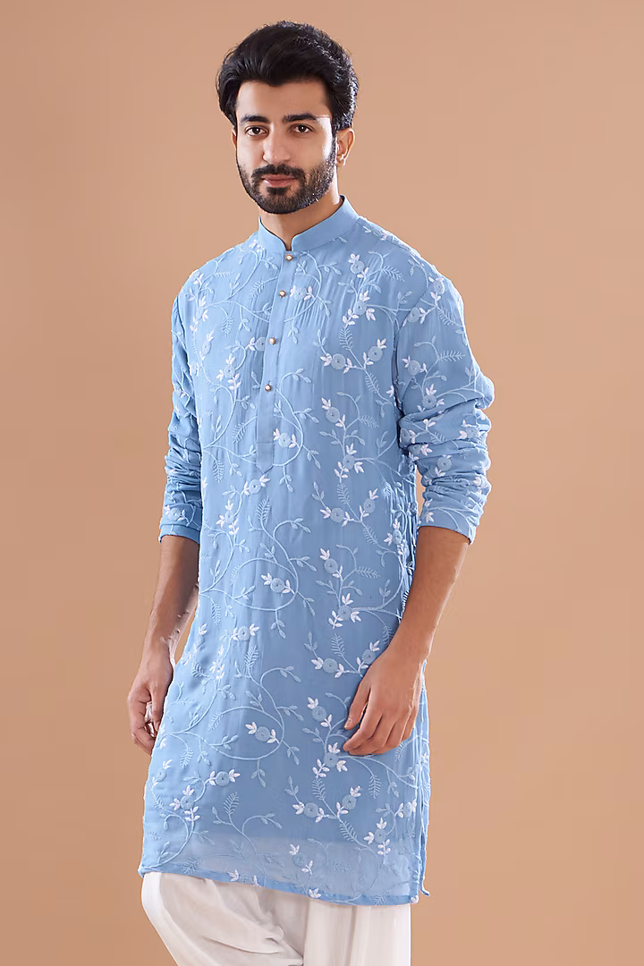 Celestial Blue Georgette Thread Embroidered Kurta by SVEN SUITS