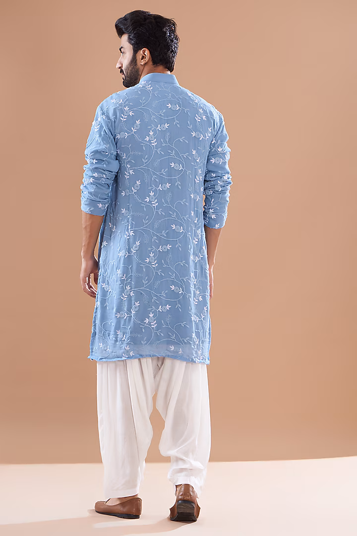 Celestial Blue Georgette Thread Embroidered Kurta by SVEN SUITS at Pernia's Pop Up Shop