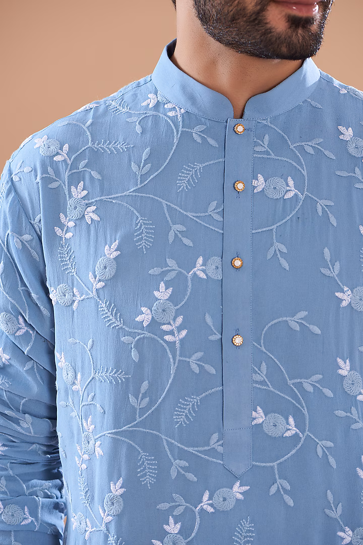 Celestial Blue Georgette Thread Embroidered Kurta by SVEN SUITS at Pernia's Pop Up Shop