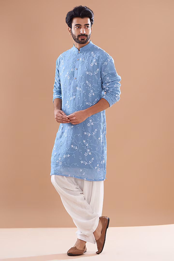 Celestial Blue Georgette Thread Embroidered Kurta by SVEN SUITS at Pernia's Pop Up Shop