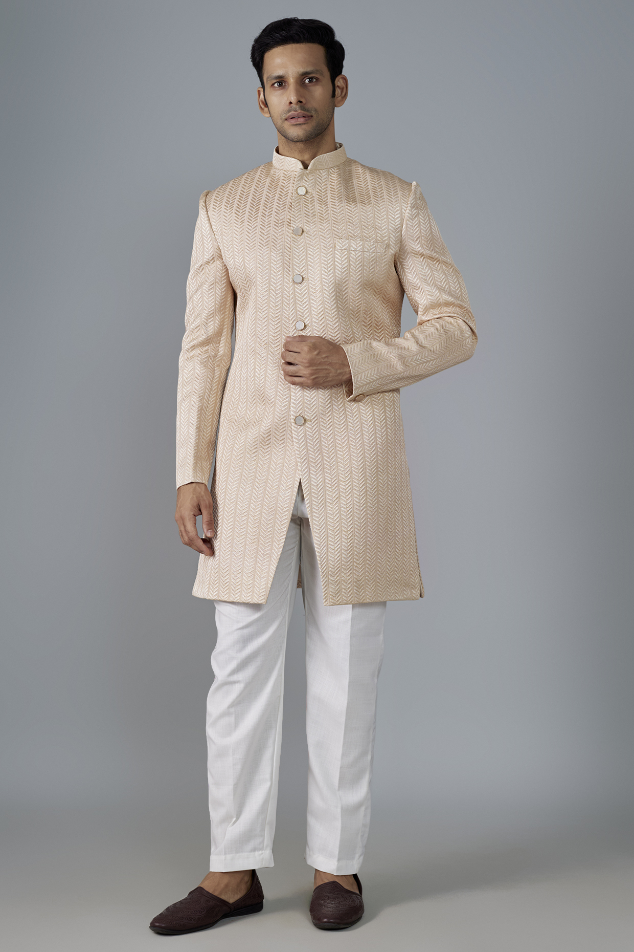 Beige SIlk Thread Machine Embroidered Wedding Sherwani Set by SVEN SUITS at Pernia's Pop Up Shop