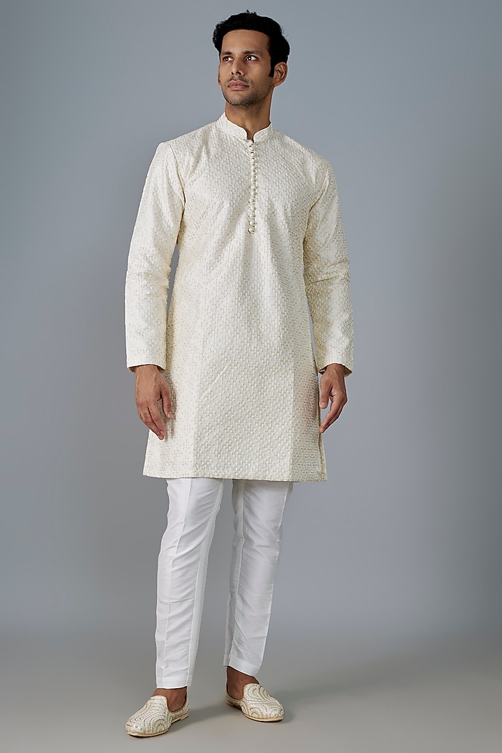 Beige Silk Thread & Sequins Embroidered Kurta Set by SVEN SUITS at Pernia's Pop Up Shop
