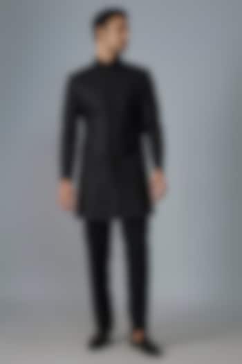 Black Polyester Viscose Satin Hand & Machine Embroidered Groom Sherwani Set by SVEN SUITS at Pernia's Pop Up Shop