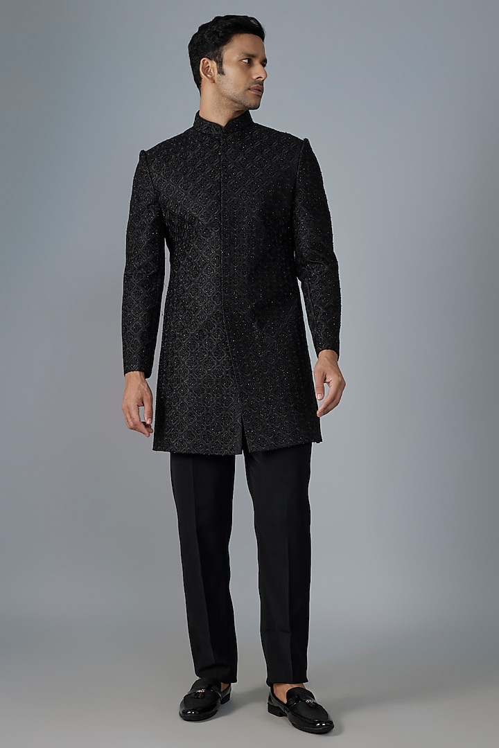 Black Polyester Viscose Satin Hand & Machine Embroidered Groom Sherwani Set by SVEN SUITS at Pernia's Pop Up Shop