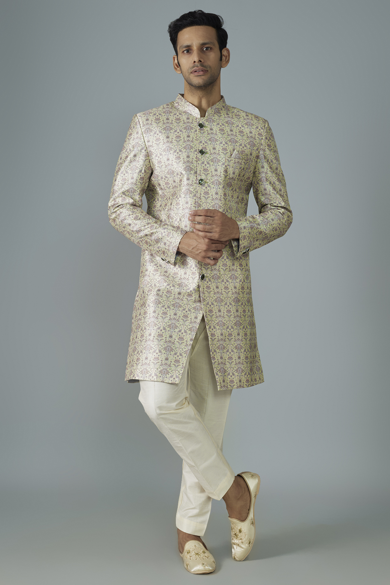 Cream Silk Jaal Printed Sherwani Set by SVEN SUITS at Pernia's Pop Up Shop