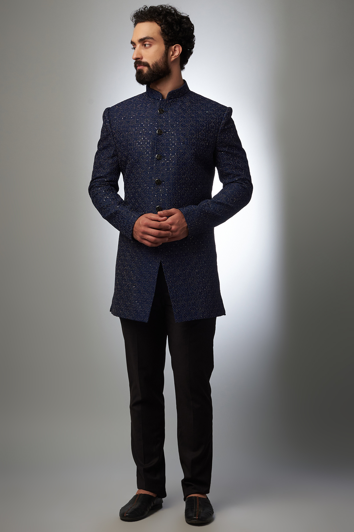 Royal Blue Satin Embroidered Indowestern Set by SVEN SUITS