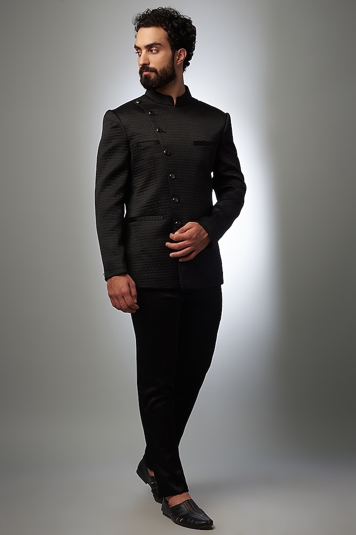 Black Polyester Satin Overlap Bandhgala Set by SVEN SUITS at Pernia's Pop Up Shop