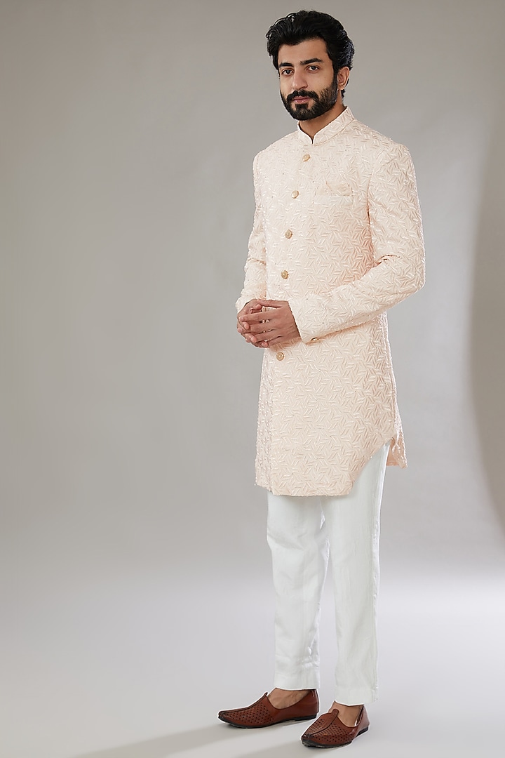 Peach Faux Silk Embroidered Wedding Sherwani Set by SVEN SUITS at Pernia's Pop Up Shop