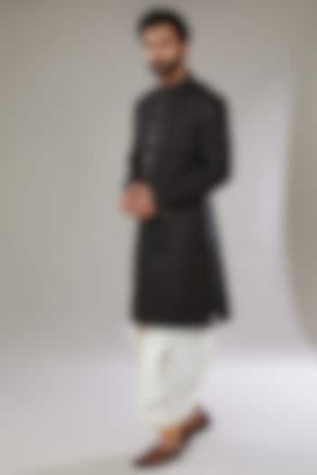 Black Faux Silk Embroidered Wedding Sherwani Set by SVEN SUITS at Pernia's Pop Up Shop
