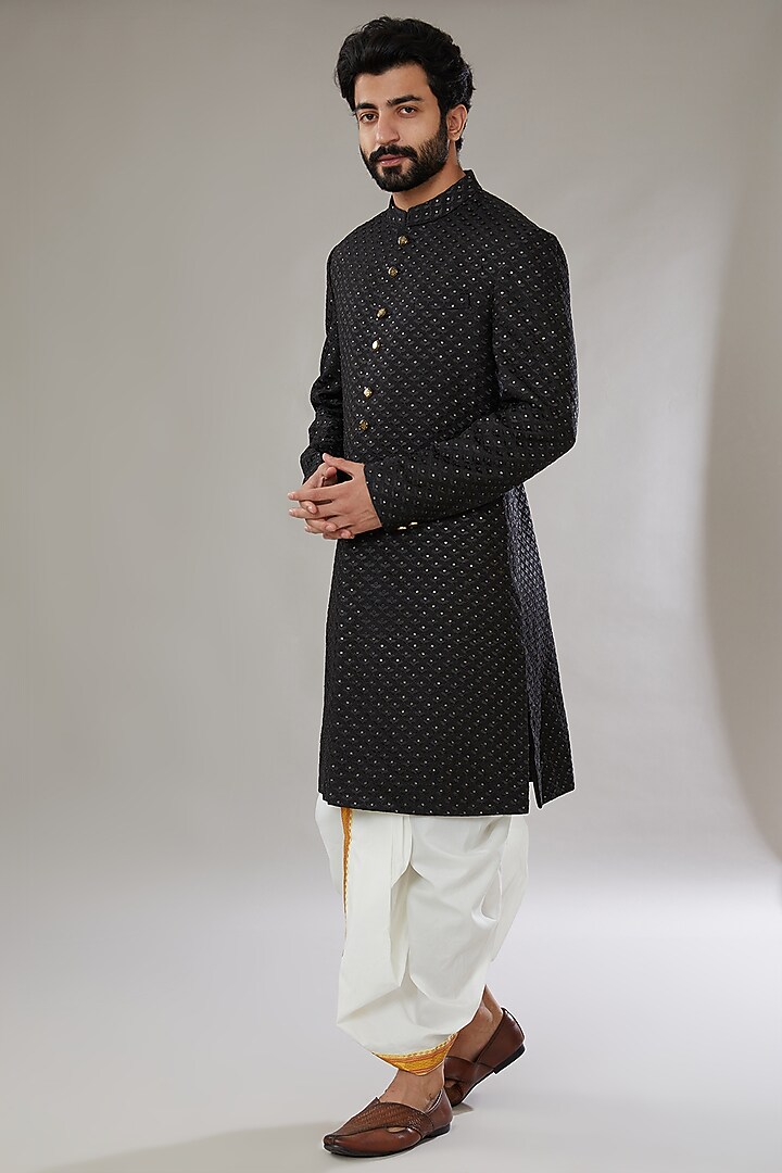 Black Faux Silk Embroidered Wedding Sherwani Set by SVEN SUITS at Pernia's Pop Up Shop