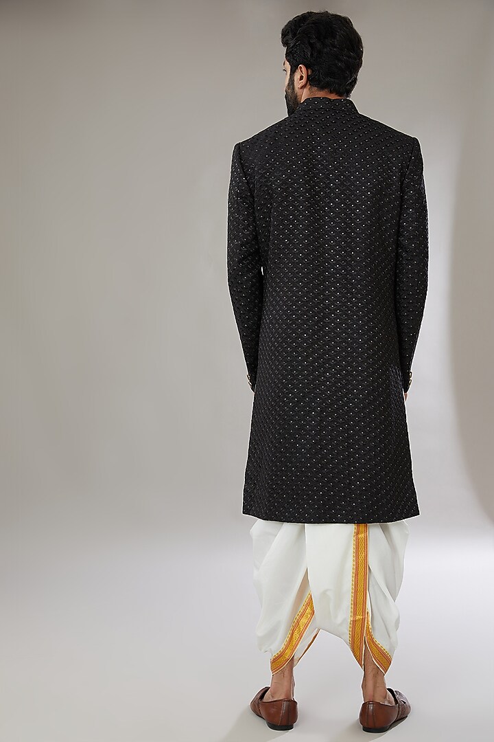 Black Faux Silk Embroidered Wedding Sherwani Set by SVEN SUITS at Pernia's Pop Up Shop