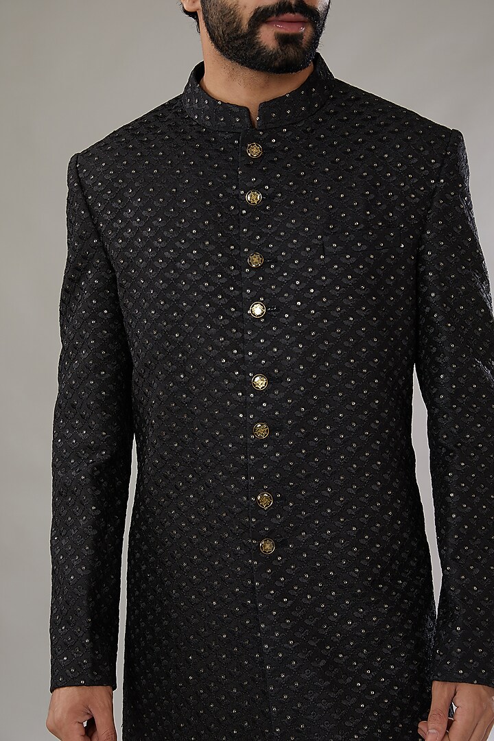 Black Faux Silk Embroidered Wedding Sherwani Set by SVEN SUITS at Pernia's Pop Up Shop