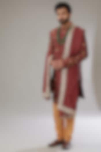 Scarlet Red Raw Silk Embroidered Sherwani Set by SVEN SUITS