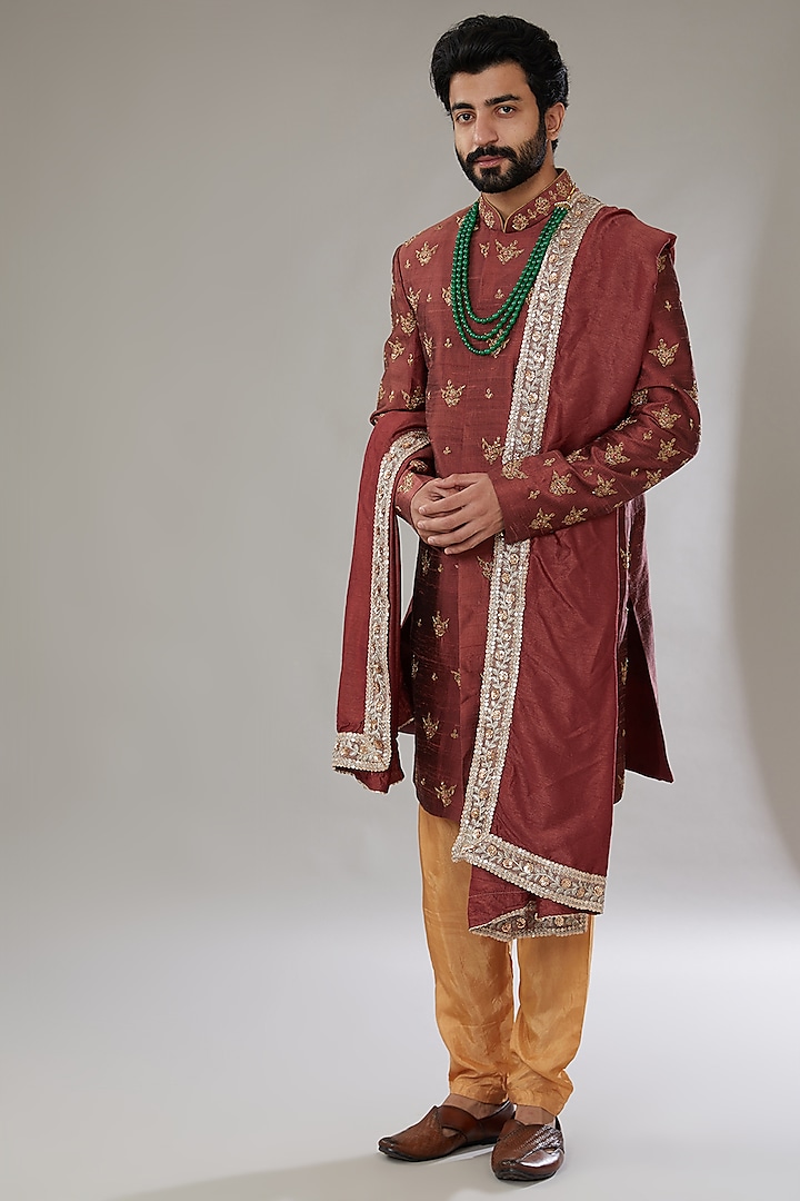 Scarlet Red Raw Silk Embroidered Sherwani Set by SVEN SUITS