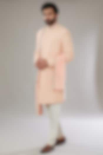 Bright Peach Silk Embroidered Wedding Sherwani Set by SVEN SUITS at Pernia's Pop Up Shop