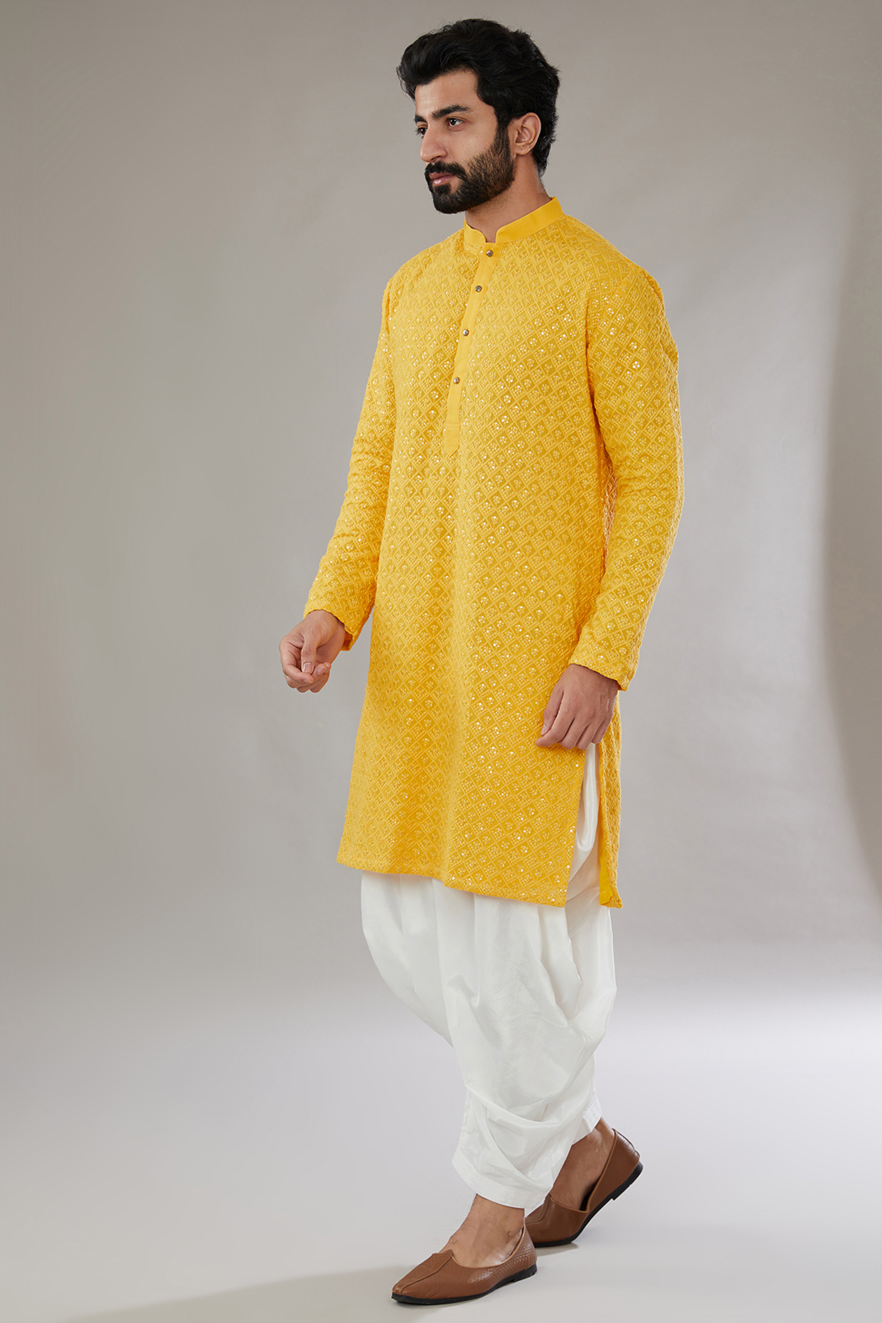 Yellow Georgette Embroidered Kurta Set by SVEN SUITS at Pernia's Pop Up Shop