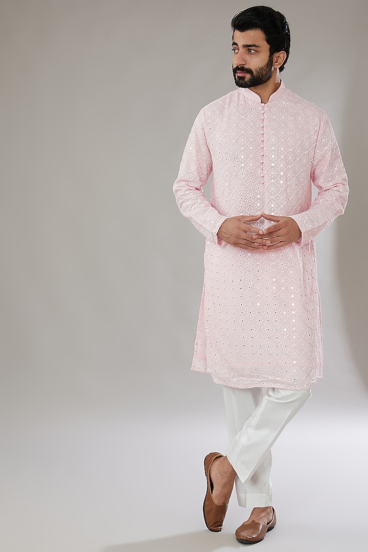 Baby Pink Georgette Embroidered Kurta Set by SVEN SUITS at Pernia's Pop Up Shop