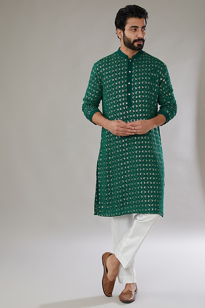 Green Georgette Embroidered Kurta Set by SVEN SUITS at Pernia's Pop Up Shop