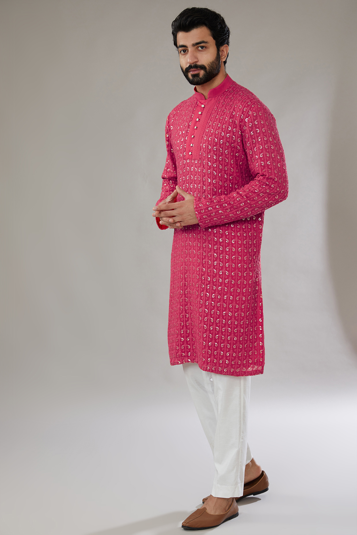 Strawberry Red Georgette Embroidered Kurta Set by SVEN SUITS at Pernia's Pop Up Shop