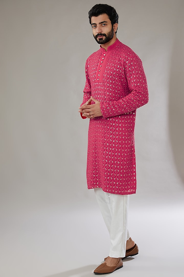 Strawberry Red Georgette Embroidered Kurta Set by SVEN SUITS at Pernia's Pop Up Shop