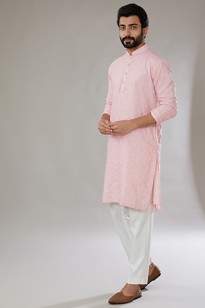 Baby Pink Silk Embroidered Kurta Set by SVEN SUITS at Pernia's Pop Up Shop