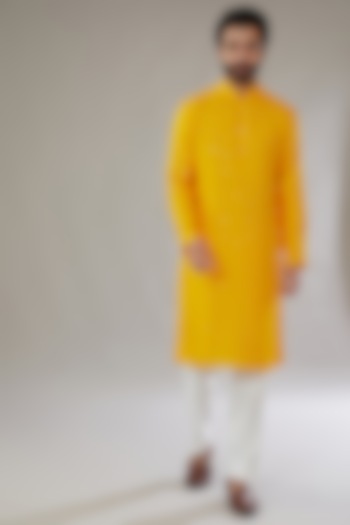 Yellow Silk Embroidered Kurta Set by SVEN SUITS at Pernia's Pop Up Shop