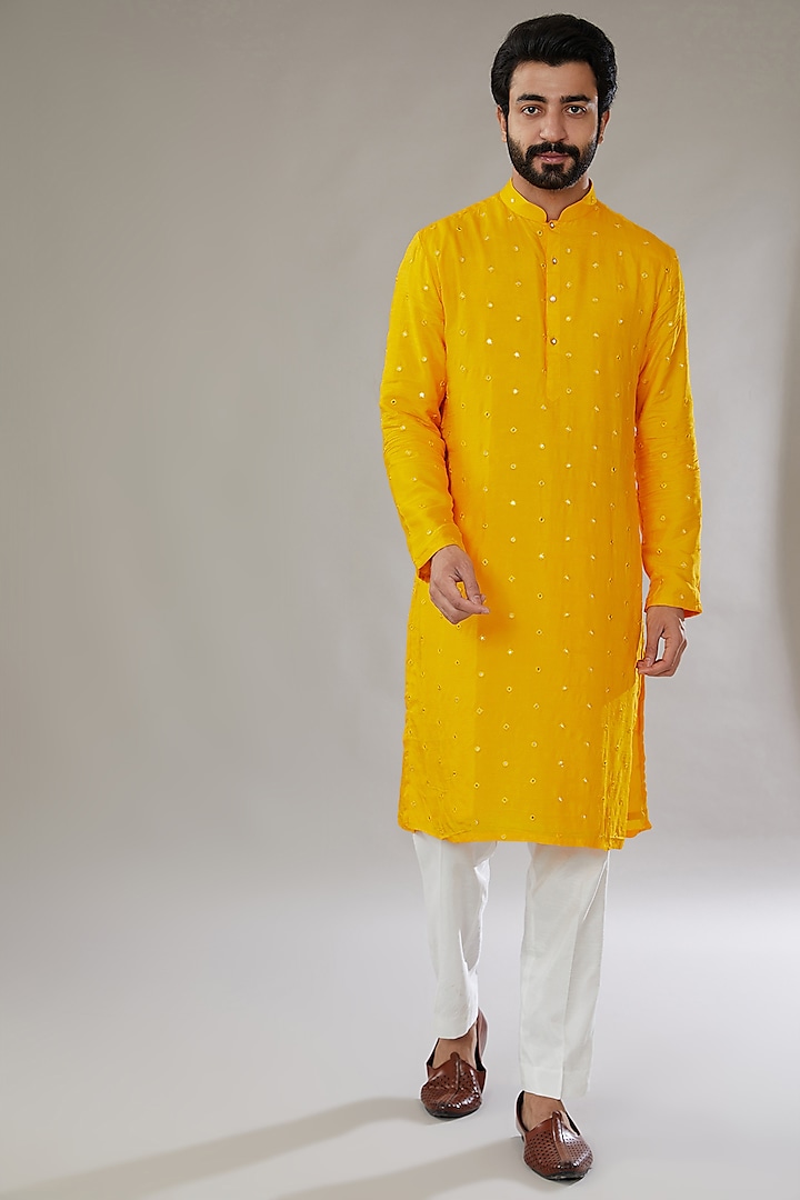 Yellow Silk Embroidered Kurta Set by SVEN SUITS at Pernia's Pop Up Shop