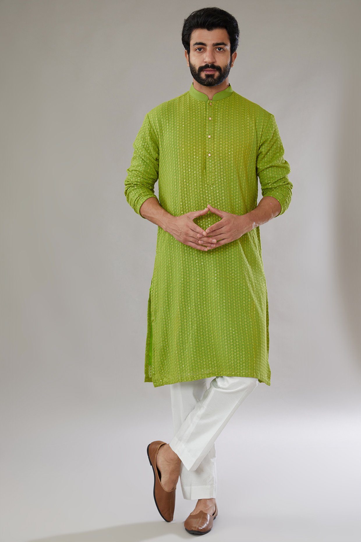 Pear Green Georgette Embroidered Kurta Set by SVEN SUITS at Pernia's Pop Up Shop