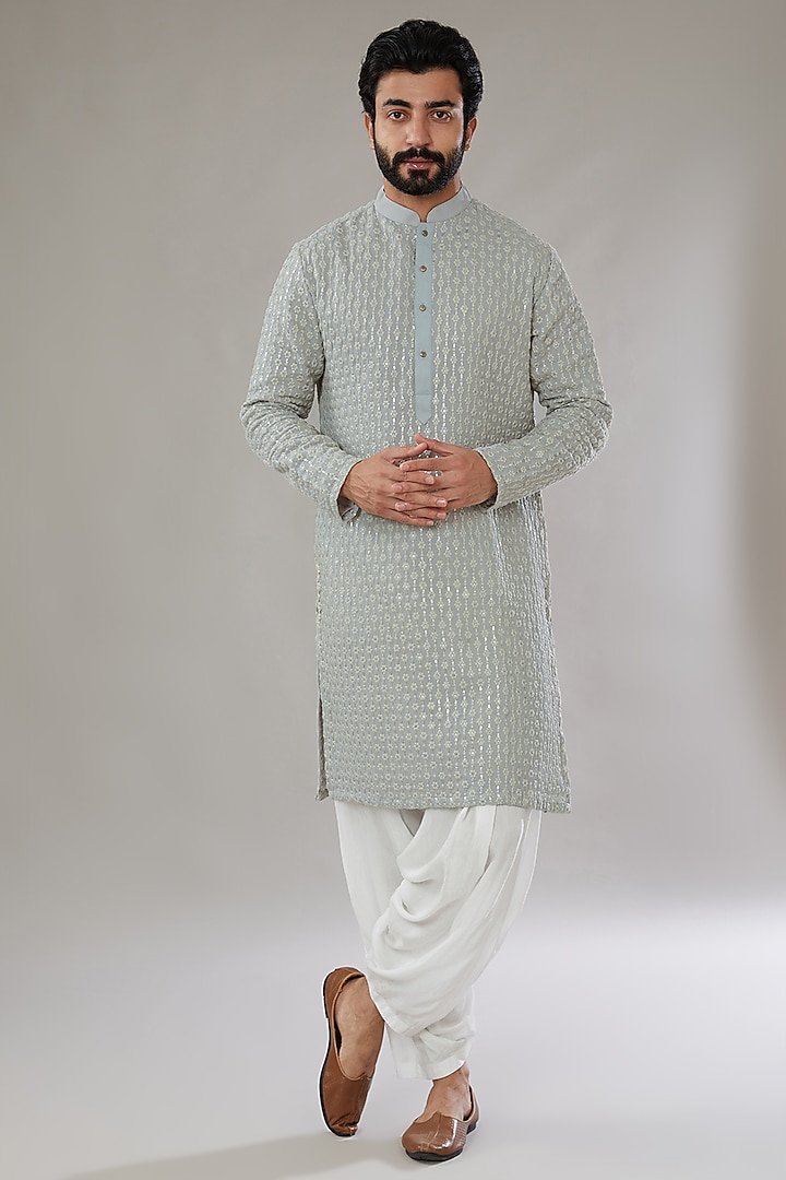 Ash Grey Georgette Embroidered Kurta Set by SVEN SUITS at Pernia's Pop Up Shop