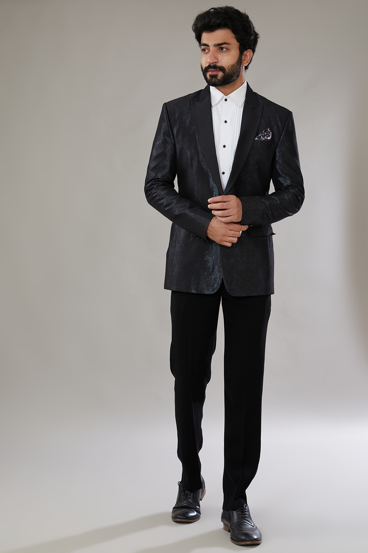 Bluish-Black Italian Shimmer Printed Tuxedo Set by SVEN SUITS at Pernia's Pop Up Shop
