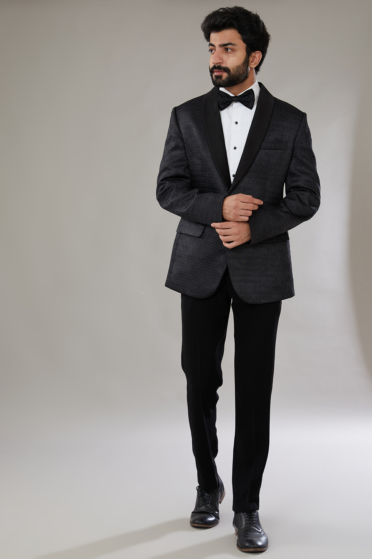 Black Jacquard Embroidered Tuxedo Set by SVEN SUITS at Pernia's Pop Up Shop