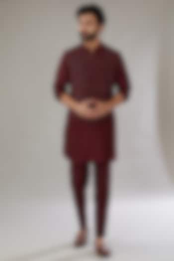 Wine Red Silk Embroidered Bundi Set by SVEN SUITS at Pernia's Pop Up Shop