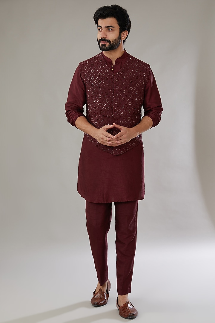Wine Red Silk Embroidered Bundi Set by SVEN SUITS at Pernia's Pop Up Shop