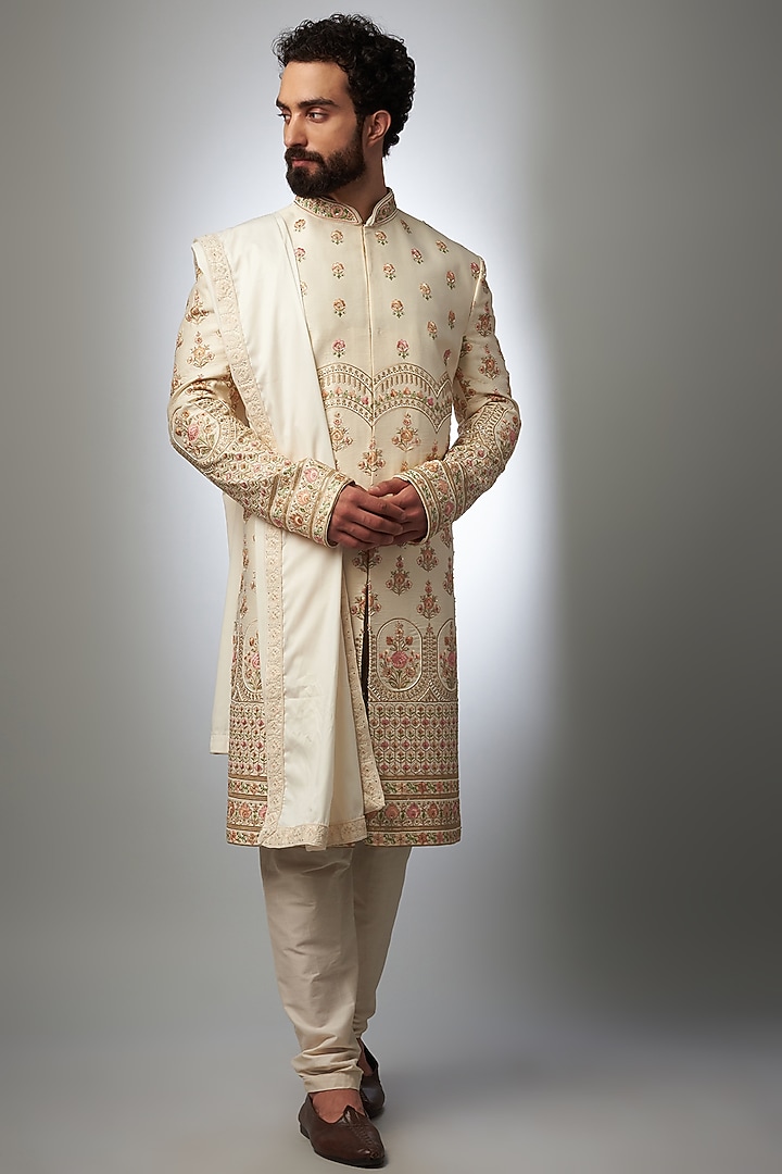 Golden-Beige Satin & Silk Hand Embroidered Wedding Sherwani Set by SVEN SUITS at Pernia's Pop Up Shop