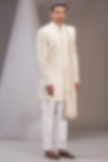 Ivory Faux Silk Embroidered Wedding Sherwani Set by SVEN SUITS at Pernia's Pop Up Shop