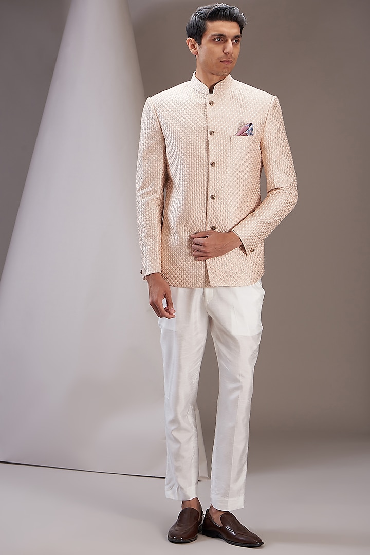 Rose Gold Faux Silk Embroidered Jodhpuri Set by SVEN SUITS