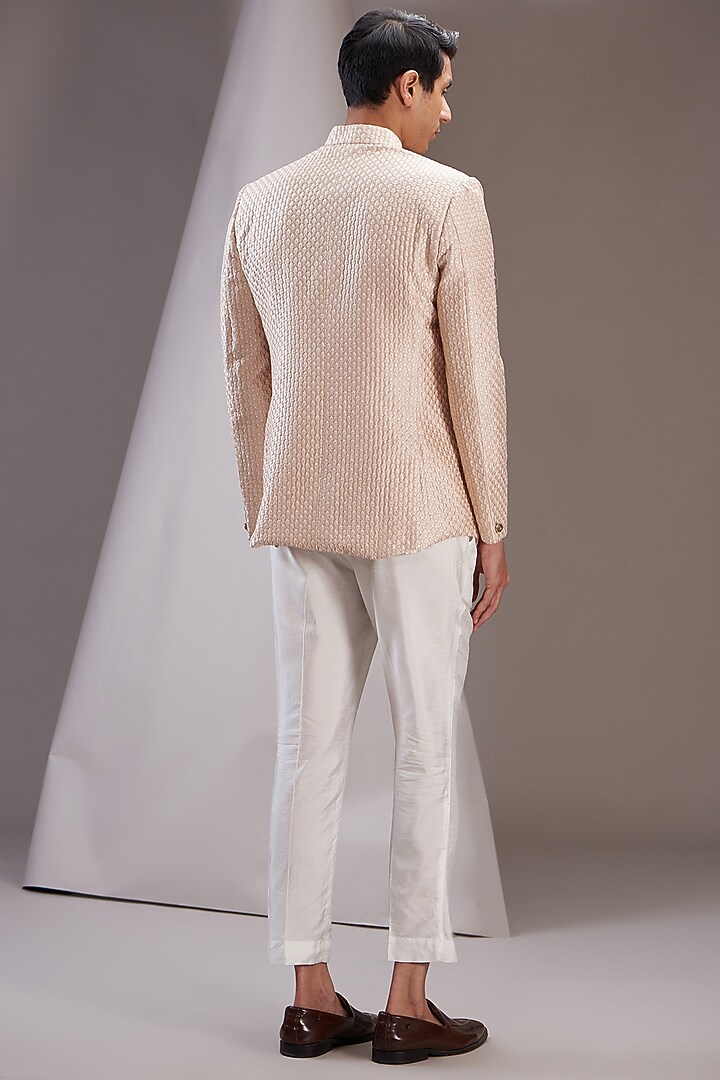 Rose Gold Faux Silk Embroidered Jodhpuri Set by SVEN SUITS at Pernia's Pop Up Shop