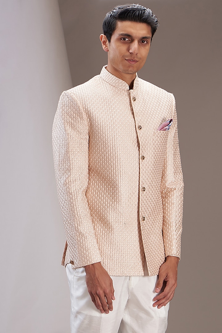 Rose Gold Faux Silk Embroidered Jodhpuri Set by SVEN SUITS at Pernia's Pop Up Shop