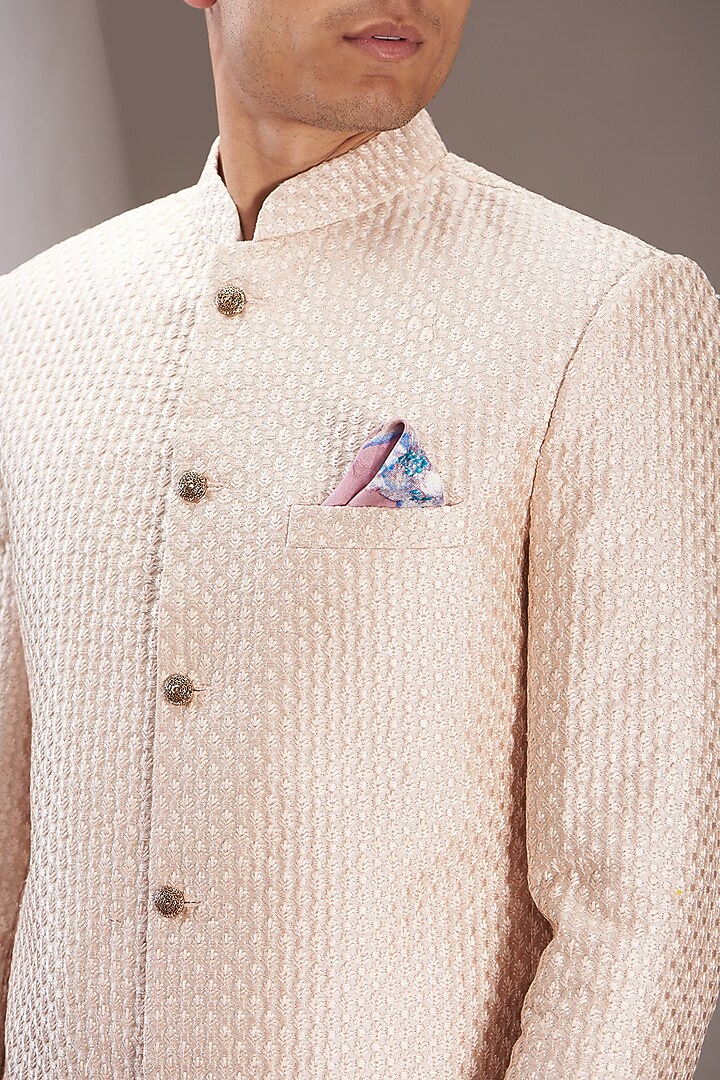 Rose Gold Faux Silk Embroidered Jodhpuri Set by SVEN SUITS at Pernia's Pop Up Shop