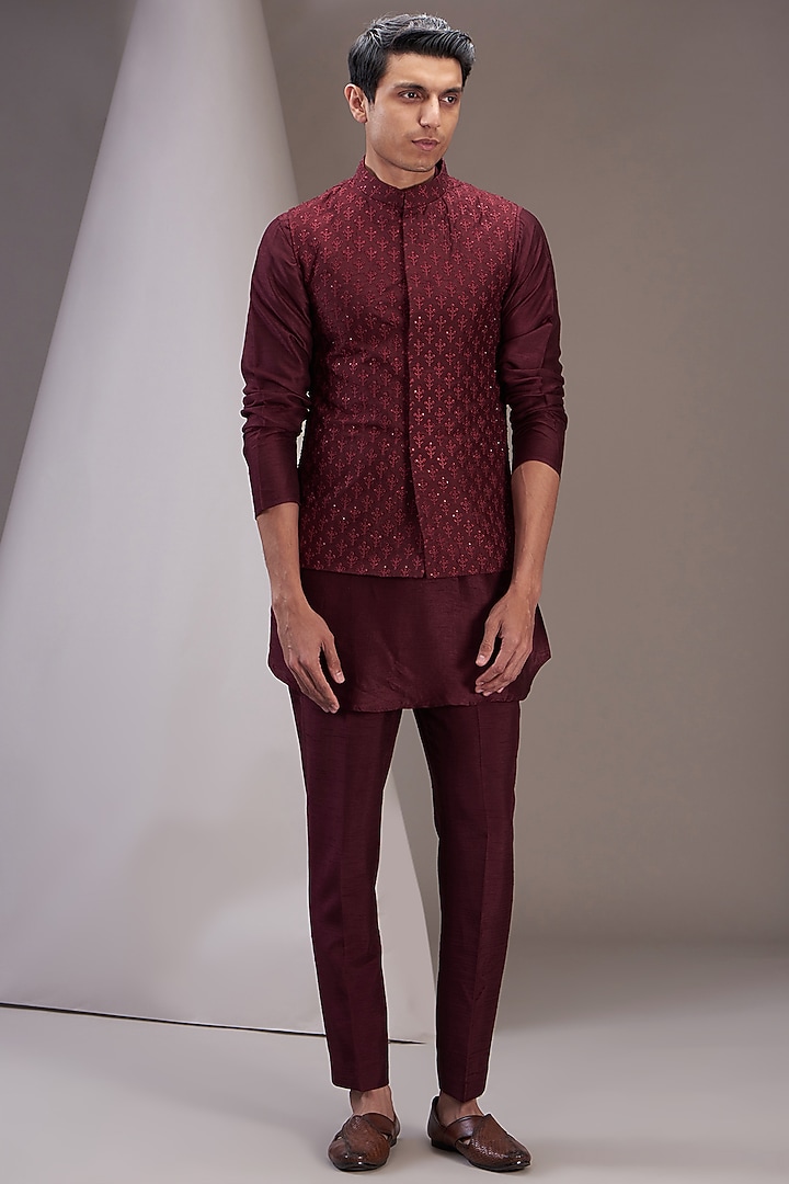 Wine Faux Silk Embroidered Bundi Jacket Set by SVEN SUITS at Pernia's Pop Up Shop