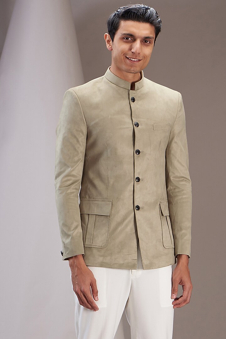 Beige Suede Jodhpuri Jacket Set by SVEN SUITS at Pernia's Pop Up Shop