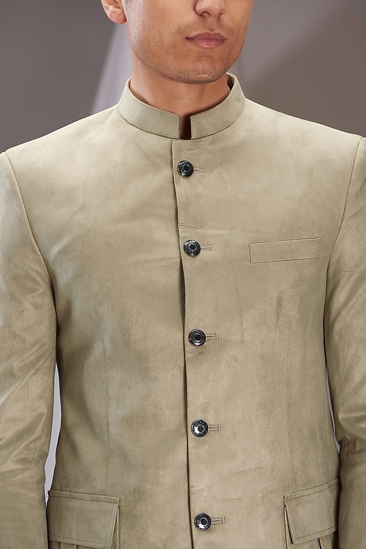 Beige Suede Jodhpuri Jacket Set by SVEN SUITS at Pernia's Pop Up Shop