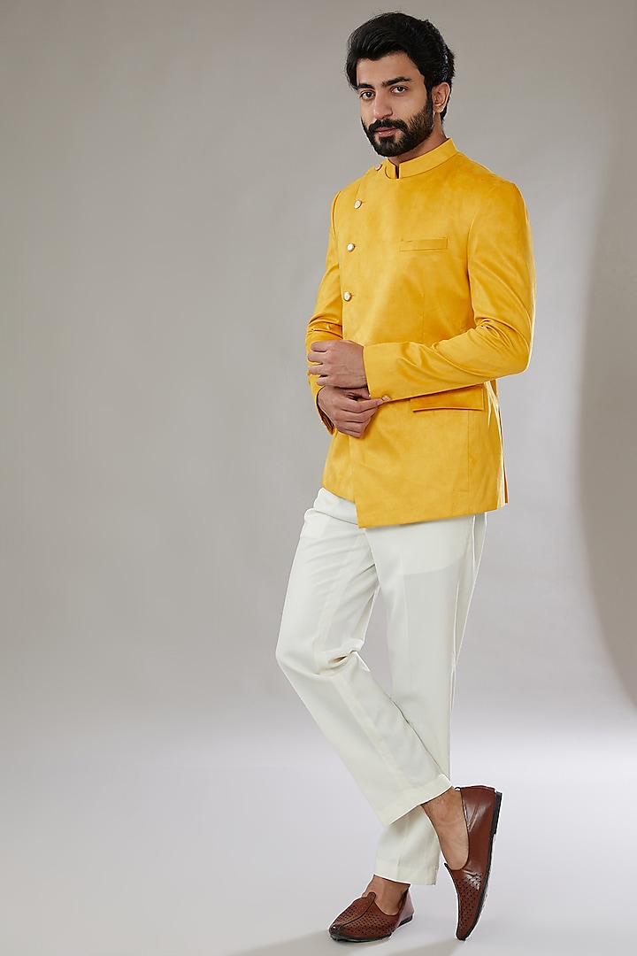 Yellow Suede Asymmetrical Jodhpuri Set by SVEN SUITS