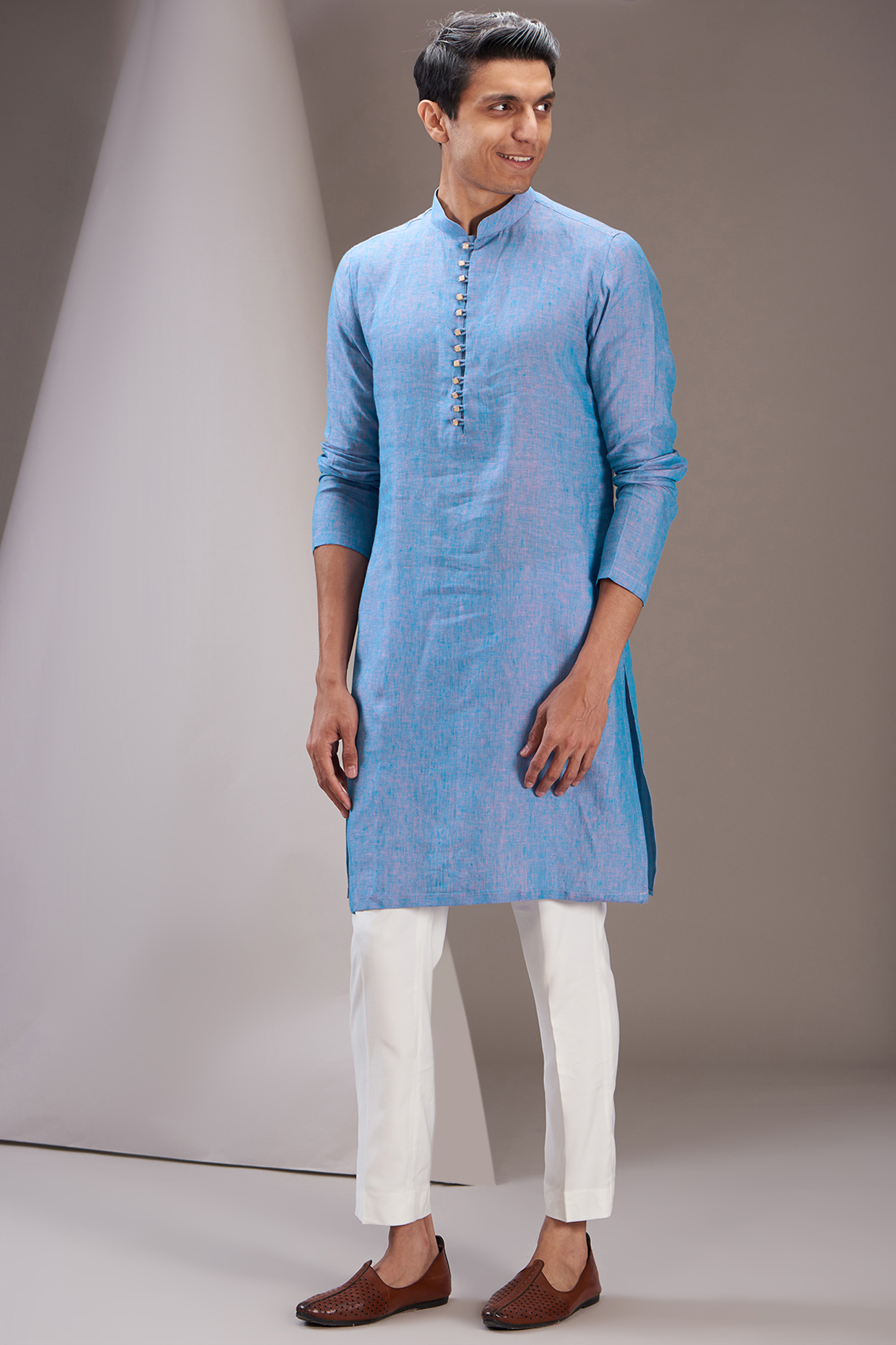 Blue Linen Kurta Set by SVEN SUITS at Pernia's Pop Up Shop