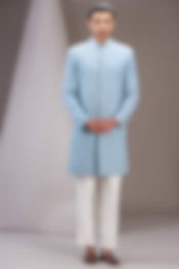 Sea Blue Georgette Silk Embroidered Groom Sherwani Set by SVEN SUITS at Pernia's Pop Up Shop