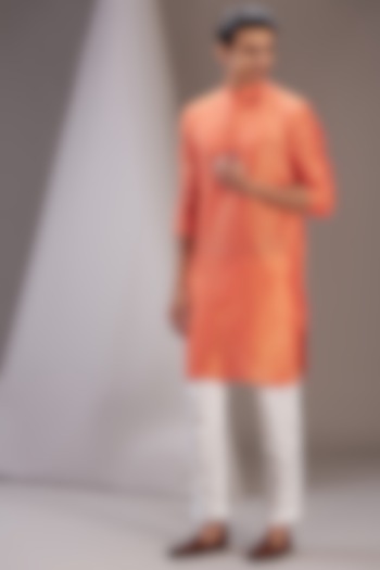 Orange Faux Silk Kurta Set by SVEN SUITS at Pernia's Pop Up Shop