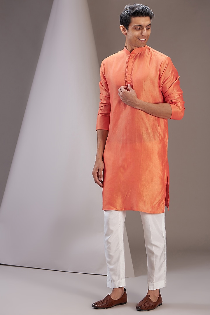 Orange Faux Silk Kurta Set by SVEN SUITS at Pernia's Pop Up Shop