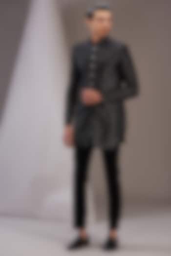 Black Georgette Embroidered Wedding Sherwani Set by SVEN SUITS at Pernia's Pop Up Shop