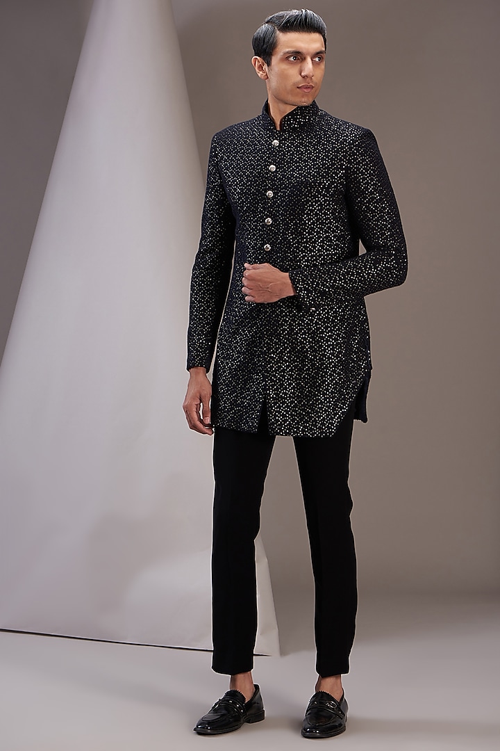 Black Georgette Embroidered Wedding Sherwani Set by SVEN SUITS at Pernia's Pop Up Shop